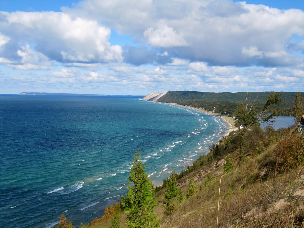 Sand dunes rising above Lake Michigan at Sleeping Bear Dunes